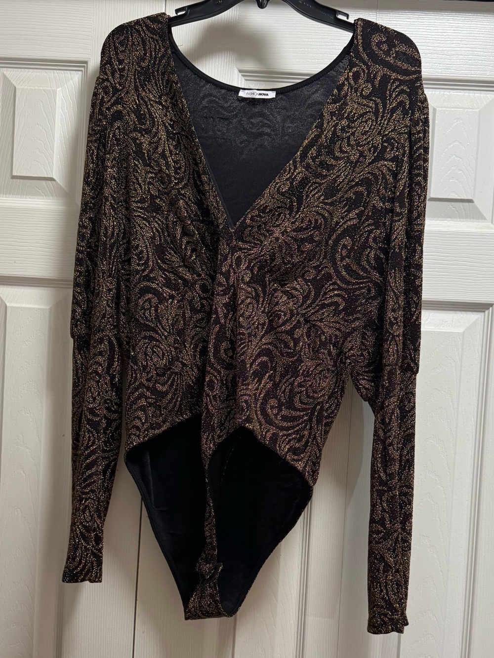 Fashion Nova Black and Gold Metallic Paisley Bodysuit